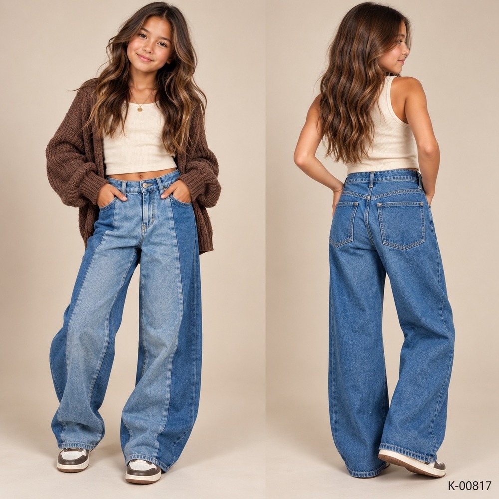 Old Navy Girls High Rise Baggy Wide Leg Two Tone Blue Denim Jeans 14